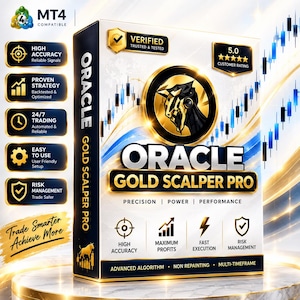 Può includere: Una scatola rettangolare per il software Oracle Gold Scalper Pro con un logo a forma di toro dorato, colori nero e oro, e testo che include High Accuracy, Proven Strategy, 24/7 Trading, Easy to Use, Risk Management e MT4 Compatible.