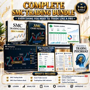 Puede incluir: Un paquete de trading 7 en 1 que incluye la guía de trading SMC, el libro de patrones de gráficos SMC, el libro de psicología del trading, un diario de trading en Excel, un indicador de TradingView, un panel MT5 y un rastreador de hábitos.