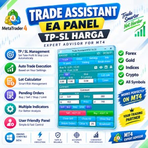 May include: A digital software interface titled Trade Assistant EA Panel for MetaTrader 4. The panel features blue and white buttons for TP/SL management, lot calculation, and trade execution. It includes text labels for Forex, Gold, and Crypto.