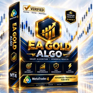 May include: A rectangular product box for EA GOLD ALGO software for MetaTrader 4. The box features gold and blue graphics, a central gold hexagon with a rising bar chart, and text including VERIFIED, PREMIUM QUALITY, and ADVANCED TRADING EA FOR MT4.