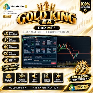 Può includere: Una grafica digitale per Gold King EA per MT5 con una corona dorata, un emblema di leone e un'interfaccia di dashboard di trading. Il testo include MetaTrader 5, 100% Automated, Smart Entry & Exit, Fast Execution, Risk Management e Trade Smarter Not Harder.