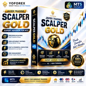 Può includere: Una scatola rettangolare per Javier Trading Scalper Gold, un consulente esperto per MT5. La scatola presenta un emblema di toro dorato, grafici a candela e testo che descrive caratteristiche come scalping di precisione, alta precisione e gestione del rischio.