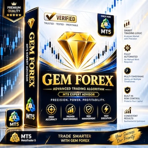 May include: A rectangular product box for Gem Forex MT5 Expert Advisor software. The black and gold design features a large golden diamond graphic, text reading Verified, Trusted, Tested, Profitable, and icons for trading features and logic.