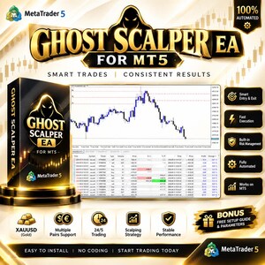 Puede incluir: Un gráfico promocional digital para Ghost Scalper EA para MT5 con un esquema de color dorado y negro, un gráfico de trading con una tabla de datos e iconos que representan funciones de trading automatizado y gestión de riesgos.