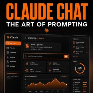 May include: A digital interface with the text "CLAUDE CHAT" and "THE ART OF PROMPTING" in orange and white. The interface displays options like "New Chat," "Projects," and "Knowledge." It also shows a weekly usage graph and capabilities.