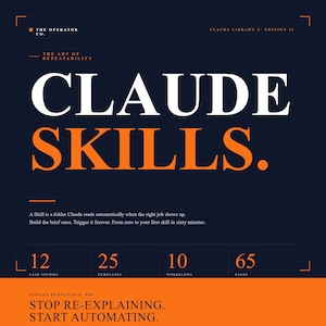 May include: A digital product advertisement with a dark blue background and orange accents. The title "CLAUDE SKILLS" is prominently displayed. The ad highlights 12 case studies, 25 templates, 10 workflows, and 65 pages. The text encourages automation.