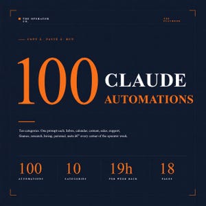 Puede incluir: Gráfico azul oscuro con texto naranja y blanco. El texto dice "100 CLAUDE AUTOMATIONS". El texto adicional incluye "The Operator Co." y "The Playbook". Debajo están los números 100, 10, 19h y 18 con descripciones.