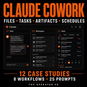 Könnte beinhalten: Eine digitale Benutzeroberfläche für "Claude Cowork" wird auf schwarzem Hintergrund angezeigt. Die Oberfläche enthält Abschnitte für Chat, Arbeitsbereich und Aufgaben mit Text wie "Dateien", "Aufgaben" und "Artefakte". Das Bild enthält auch den Text "12 Fallstudien, 8 Workflows, 25 Prompts."