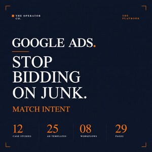 May include: Dark blue graphic with white text that reads "GOOGLE ADS. STOP BIDDING ON JUNK." Below, it says "MATCH INTENT." The image also includes the numbers 12, 25, 08, and 29, with labels for case studies, ad templates, workflows, and pages.