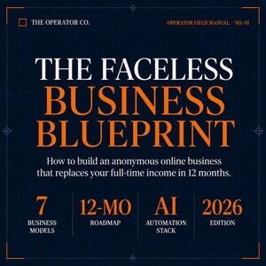 May include: A navy blue graphic with the text "THE FACELESS BUSINESS BLUEPRINT" in white and orange. The text below reads "How to build an anonymous online business that replaces your full-time income in 12 months." Additional text includes "7 BUSINESS MODELS", "12-MO ROADMAP", "AI AUTOMATION STACK", and "2026 EDITION".