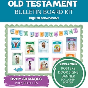 May include: A digital download bulletin board kit for the 2026 primary Old Testament. The kit includes posters, door signs, and a banner. The design features colorful illustrations of biblical figures and stories, with a scalloped border.