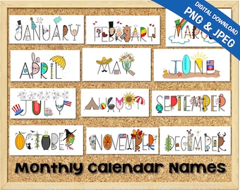 Monthly Calendar names digital clipart, instant download, teacher calendar, whimsical