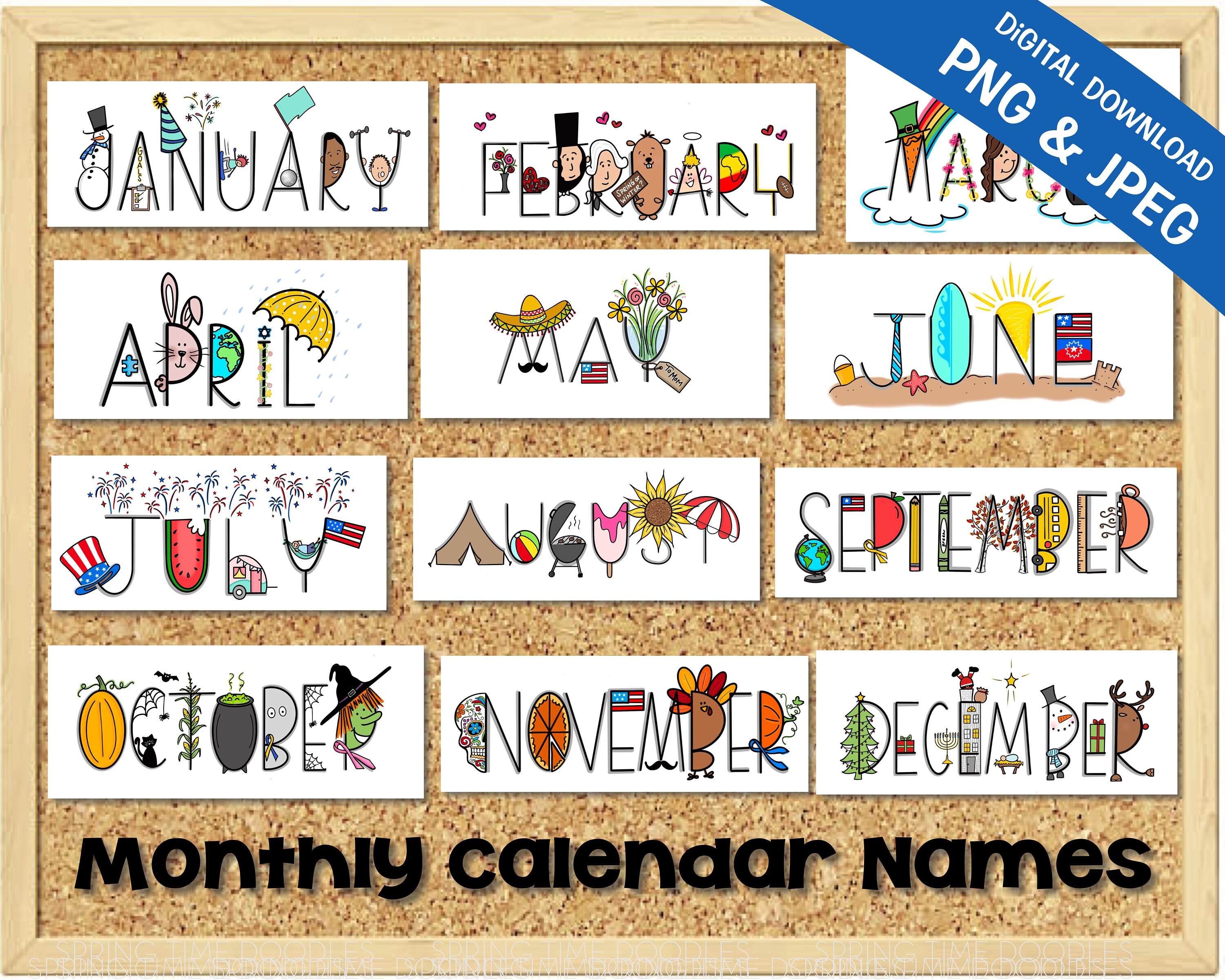 Monthly Calendar Names Digital Clipart, Instant Download, Teacher Calendar, Whimsical - Etsy