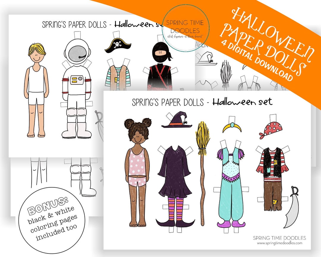 Halloween Paper Dolls Digital Download, PDF Printable, Coloring Pages ...