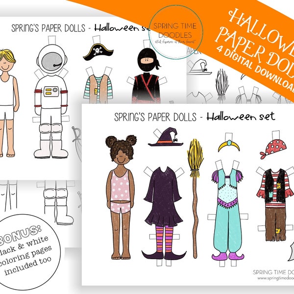 Halloween paper dolls digital download, PDF printable, coloring pages, black and white, witch, pirate, princess, astronaut, ninja