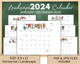 2024 Monthly Calendar printable, LANDSCAPE - Horizontal version, PDF & JPEG digital download, editable, monthly calendar, planner