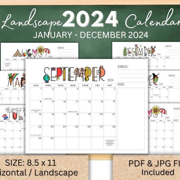2024 Monthly Calendar printable, LANDSCAPE - Horizontal version, PDF & JPEG digital download, editable, monthly calendar, planner