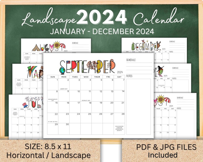 2024 Monthly Calendar Printable, LANDSCAPE Horizontal Version, PDF
