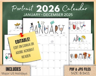 2026 Calendar: Whimsical Editable Monthly Planner (PDF & JPEG Digital Download, 8.5x11 Portrait Version)