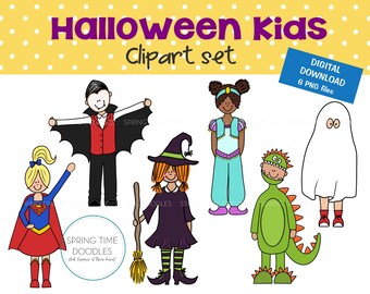Halloween kids costume clipart set, vampire, witch, princess, ghost, dragon, superhero