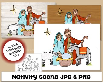 Nativity scene digital image, wood background JPG & PNG