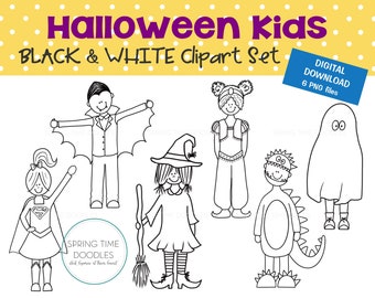 Halloween Costume Clipart Set: Black and White PNG (Digital Download)