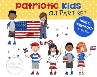 Patriotic Kids clipart set, flag, 4th of July children, PNG digital download