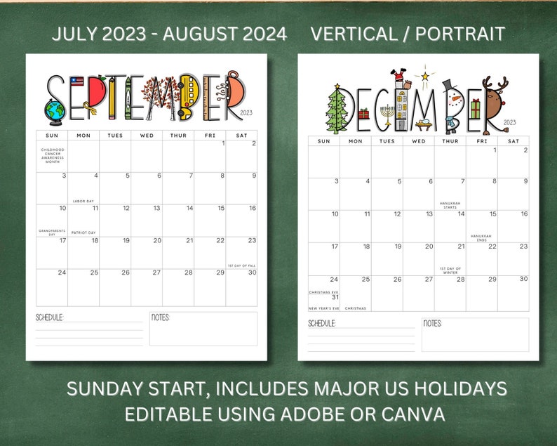 2023 2024 School Year Calendar Printable PORTRAIT Vertical Etsy Australia