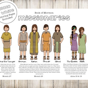 Op de afbeelding: Zwart-witte kleurplaten van missionarissen uit het Boek van Mormon. De illustraties tonen Alma de Jongere, Ammon, Aaron, Omner, Himni, de Koningin en Abish. Elke illustratie bevat een korte beschrijving van hun zendingswerk en Schriftverwijzingen.