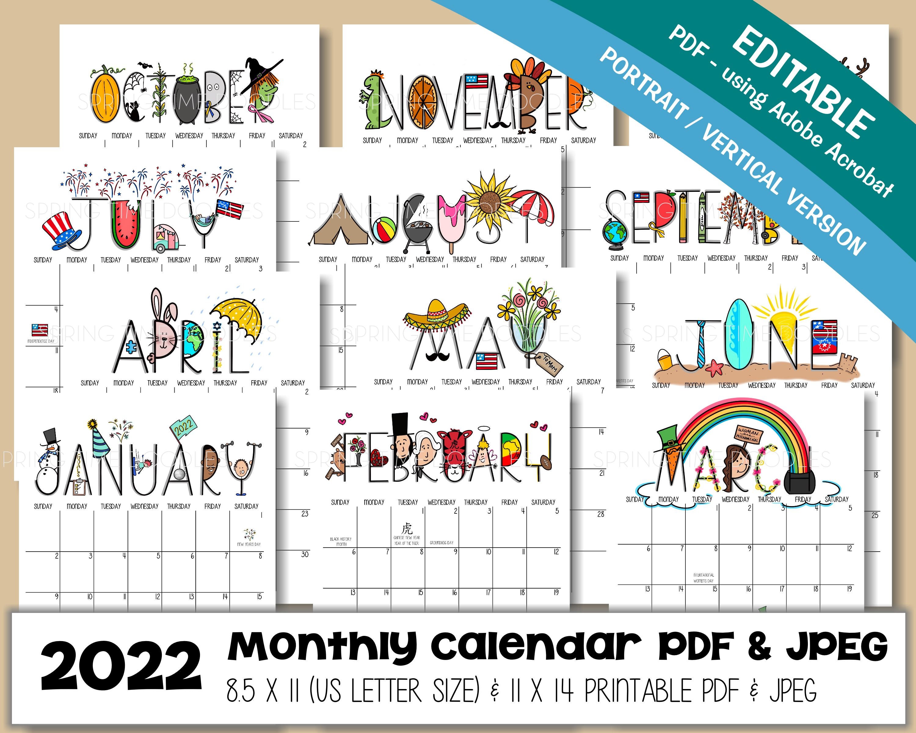 2022 calendar printable portrait vertical version pdf etsy
