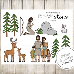 Puede incluir: Un conjunto de ilustraciones imprimibles en blanco y negro para una historia infantil sobre Enos del Libro de Mormón. Las ilustraciones incluyen un ciervo, un conejo, árboles, una roca y personas. El texto "Libro de Mormón Historia de Enos Enos 1" está incluido en la imagen.