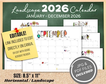 2026 Calendar: Whimsical Editable Monthly Planner (PDF & JPEG Digital Download, 8.5x11 LANDSCAPE Version)