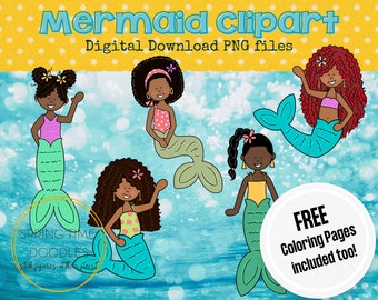 Mermaid clipart, coloring pages, black mermaid, digital files