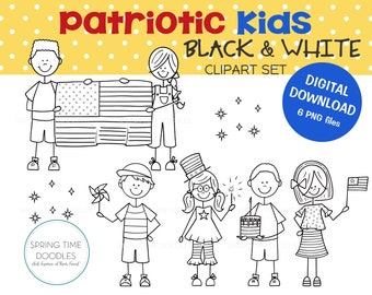 Patriotic Kids Clipart Set: Black and White 4th of July (PNG Digital Download)