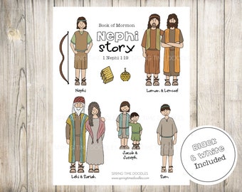 Puede incluir: Una página para colorear imprimible con personajes del Libro de Mormón. La página incluye ilustraciones de Nefi, Lamán, Lemuel, Lehi, Sarai, Jacob, José y Sam. El título de la página es "Historia de Nefi" y la referencia de las escrituras es "1 Nefi 1-19". El texto "Negro y blanco incluido" también está incluido en la página.