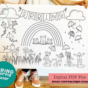 May include: A black and white printable coloring poster featuring a rainbow, frogs, umbrellas, children, and a banner that says "SPRING".