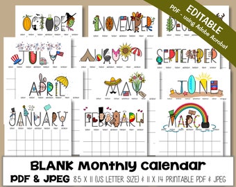 Blank Calendar, PORTRAIT - vertical version, PDF & JPEG digital download, editable, monthly calendar, instant download, 8.5x11 and 11x14