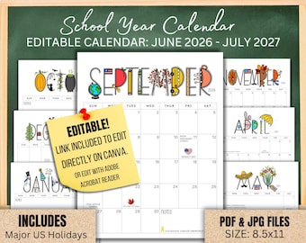 2026-2027 School Year Calendar printable with Holidays, Portrait version, PDF & JPEG digital download, editable, monthly calendar, whimsical