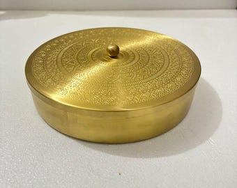 Handcrafted Brass Spice Box - Engraved Masala Dabba with Lid, Indian Kitchen Storage, Decorative Gold Trinket Jewelry Organizer, Gift Item