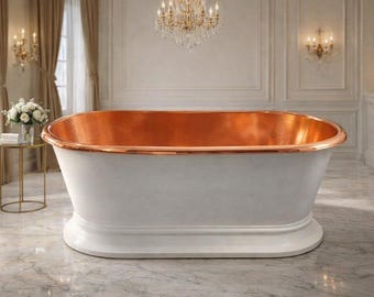 Handmade Copper Bathtub, White Exterior Freestanding Pedestal Soaking Tub, Luxury Handcrafted Hammered Pure Copper Bath for Master Bathroom