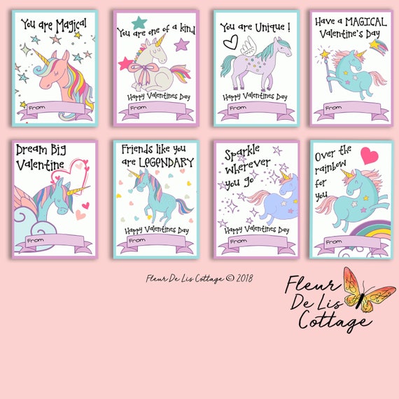 Instant Download  Kids Unicorn Valentine Card Set  Printable