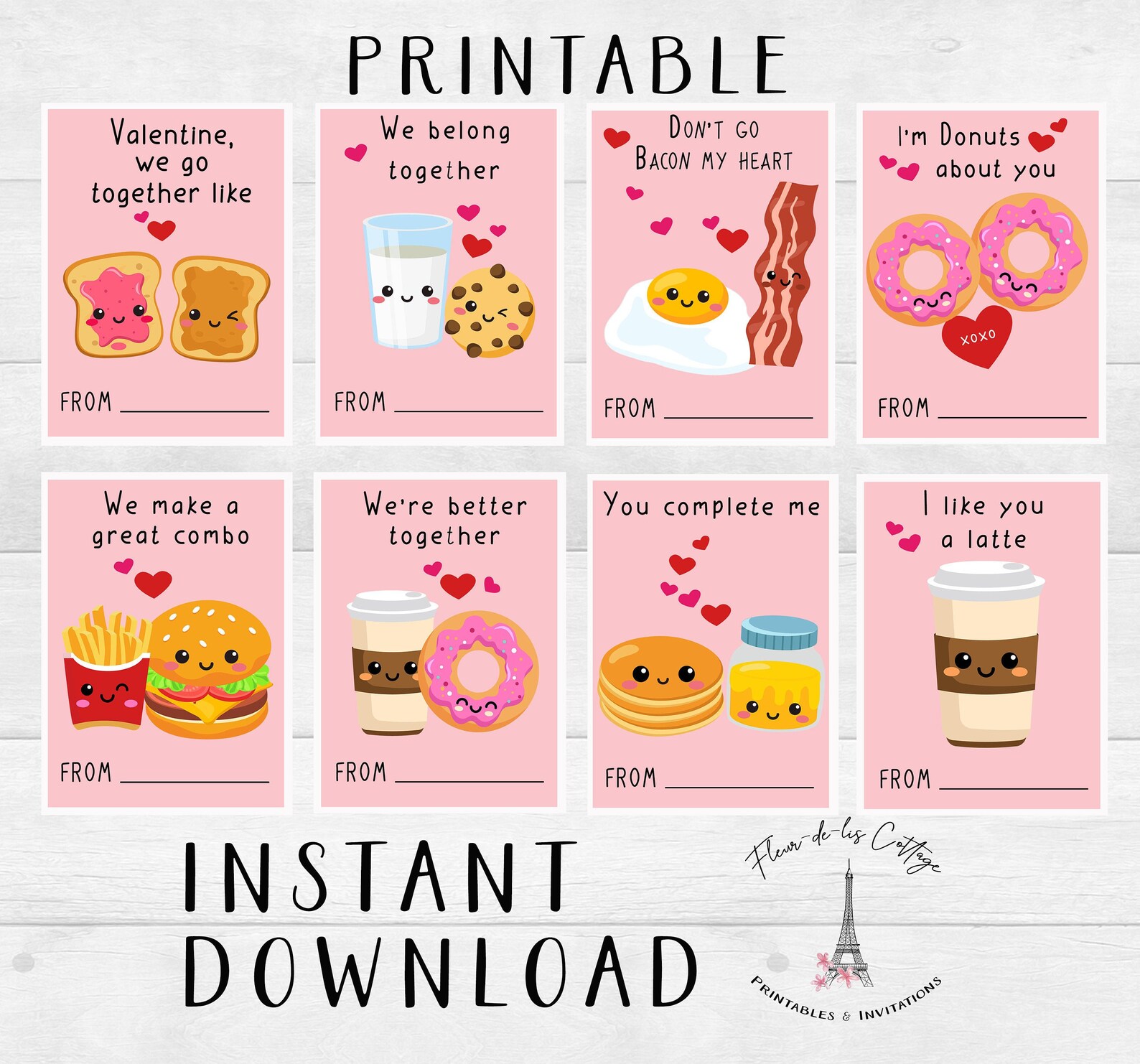 Kids Cute Foodie Valentine Card Set from FleurDeLisCottages on Etsy