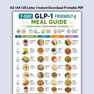 Glp1 Matplan 7 dagar utskrivbar, GLP-1-vänlig veckomeny i PDF-format, Proteinrik viktminskningsguide, Frukost Lunch Middag Snacks