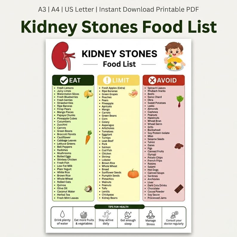 Kidney Stones Food List Printable PDF | Kidney Stone Diet Chart | Eat ...