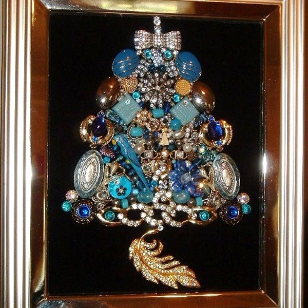 Vintage Jewelry BLUE CHRISTMAS Framed Jeweled Christmas Tree ~ Sparkling Jewels on Black Velvet ~ Christmas Keepsake