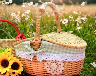Cestino da picnic in vimini piccolo con coperchio, organizer portaoggetti rustico in stile cottagecore