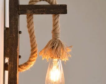 Applique rustica con corda per case in stile country, lampada da parete vintage in legno per corridoio o comodino, illuminazione industriale da loft.
