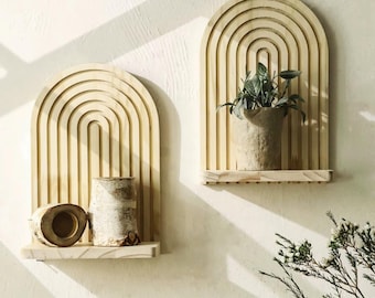 Estantería de pared de madera con forma de arco bohemio, expositor rústico flotante para plantas, decoración minimalista.