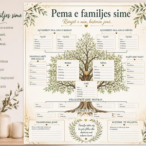 Könnte beinhalten: Ein Stammbaum-Poster mit einer Aquarellillustration eines Baumes. Das Poster enthält Felder zum Eintragen von Familiennamen und -daten. Das Design ist elegant und enthält Text auf Albanisch.