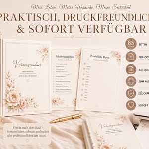 May include: A digital planner titled Vorsorgeordner with floral accents, featuring 83 pages in A4 format. The set includes a table of contents and personal data sheets, designed for home printing as a PDF download for organizing end-of-life wishes.
